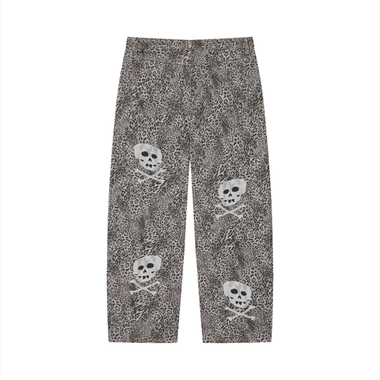 Unisex Vintage Wash Leopard Wide Leg Jeans